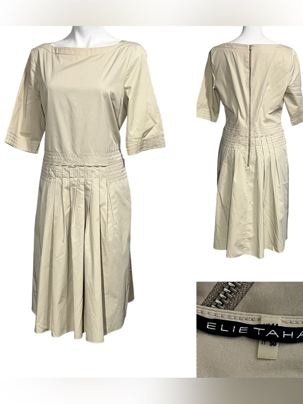 Elie Tahari dress sz 14 Tan Pleated Waist Midi cotton blend office fall church